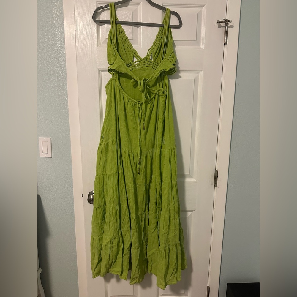 New Free People Auralie Maxi Dress size LARGE Citron Green Tiered - Picture 4 of 6